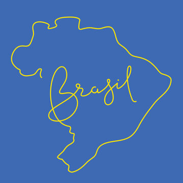 Uma linha amarela formando o mapa e a Palavra Brasil, fundo azul