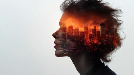 An evocative profile of a woman whose silhouette contains a vibrant urban landscape, artfully merging personal emotions with the dynamic spirit of city life and modern aesthetics.