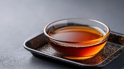 A beautiful close-up of a glossy tea bowl sitting on a stylish tray, capturing the simplicity and elegance of a serene moment, perfect for culinary or lifestyle imagery.