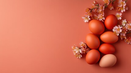 An artistic composition featuring a cluster of orange eggs elegantly accented with delicate blossoms, showcasing a warm and inviting atmosphere full of spring beauty.