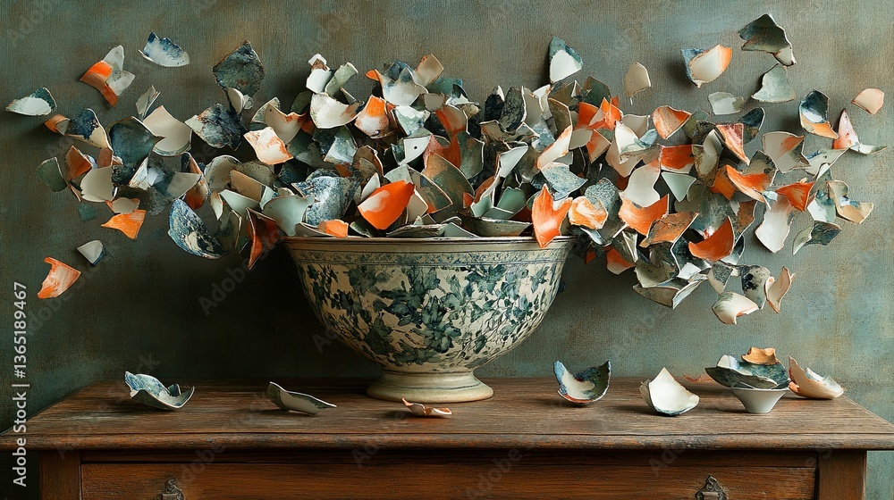 Poster ceramic shards create a striking visual display in an artistic arrangement in a quiet room