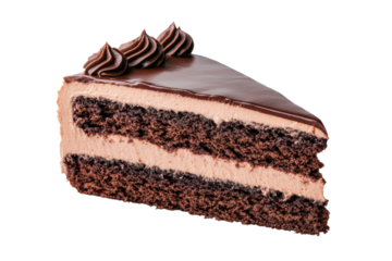 Delicious slice of rich chocolate layer cake with smooth frosting and ganache, cut out