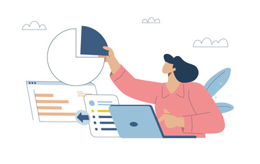 Businesswoman using laptop analyzing market share with circle chart, Social media marketing, Business planning, Business success activities, Flat vector design illustration.