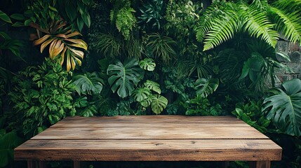 Wooden Table with Jungle Backdrop - Lush Greenery Display --