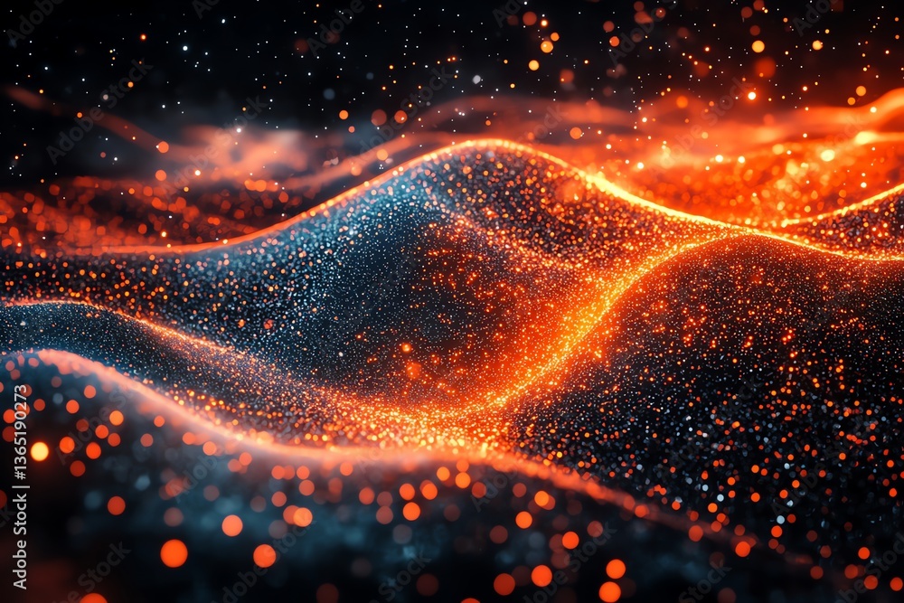 Poster abstract waves of glowing particles creating dynamic digital landscape