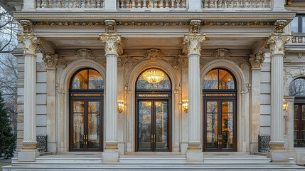 Fototapeta premium Elegant Beaux Arts facade with ornate columns and chandeliers
