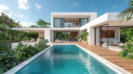 Modern Luxury Home Featuring a Beautiful Swimming Pool Outdoors