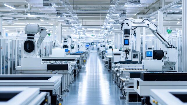 An advanced semiconductor factory where robotic arms are assembling advanced processors for AI applications, automated precision systems ensuring flawless microchip construction, High-tech style