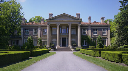 Fototapeta premium grand Beaux Arts mansion with towering columns and lush greenery