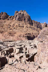 Elevated view over AlUla valley with old town and modern road, Saudi Arabia