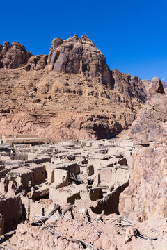 Elevated view over AlUla valley with old town and modern road, Saudi Arabia