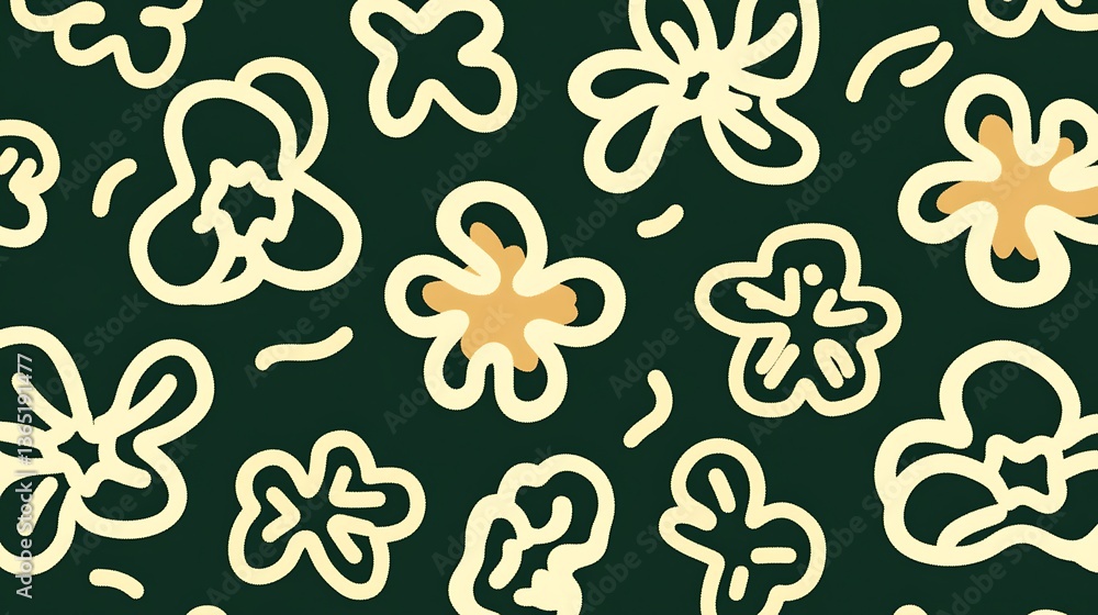 Poster simple repeating pattern of abstract floral shapes in cream and dark green
