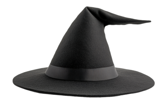 Classic black witch hat with pointed tip and wide brim, cut out