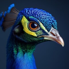 Obraz premium Peacock head portrait, studio shot, dark background, wildlife photography