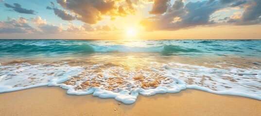  A serene sunset over the ocean, where the sky is ablaze with warm colors and the water is calm, reflecting the vibrant hues, with gentle waves rolling in toward the shore 