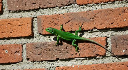Emerald green lizard clinging to a weathered brick wall basking in sunlight
