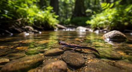 Enigmatic salamander traversing a pristine mountain stream ecosystem