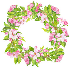 watercolor pink butterflies, apple flowers, leaves and buds floral wreath isolated on white.