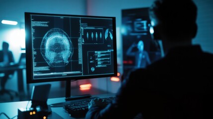 An AI driven forensic investigation lab, holographic crime scene reconstructions assisting detectives, Law enforcement tech style