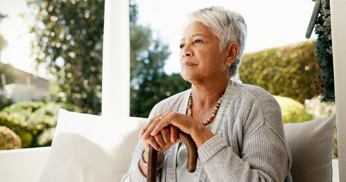 Thinking, elderly and woman with disability at house for memory, nostalgia and past reflection. Senior person, relaxing and thoughts with loneliness, retirement planning and remember life in backyard