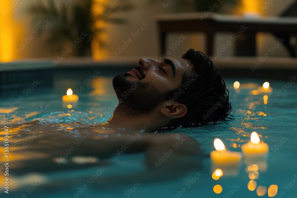 Poster man relaxing in serene water surrounded by soft candlelight in tranquil setting
