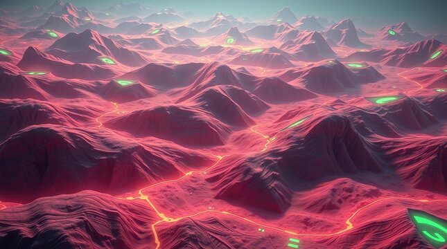 Futuristic alien landscape with pink mountains and glowing green structures