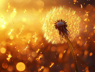 Floating dandelion seed illuminated by golden sunlight for a dreamy atmosphere