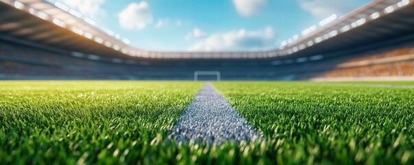 Vibrant green soccer field under clear sky in large stadium