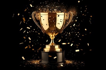 Golden trophy with falling confetti against a dark background. Perfect for portraying victory, achievement, and recognition.