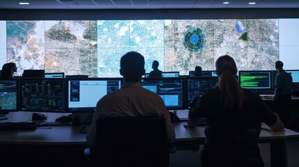 An AI enhanced disaster response control room, real-time satellite imagery and predictive analytics guiding emergency teams, Crisis management style