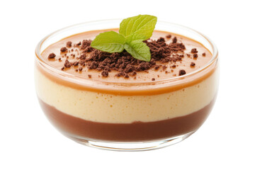 Decadent layered chocolate and caramel mousse dessert with mint garnish, cut out