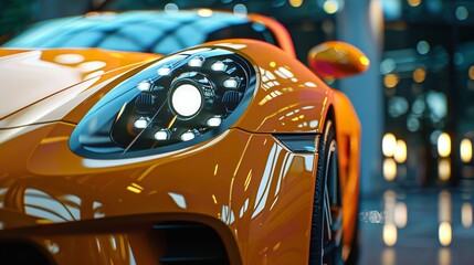Macro view of car headlight of modern sports car.
