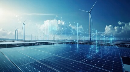 An AI enhanced renewable energy grid, smart sensors optimizing electricity flow from solar panels and wind turbines, Energy tech style