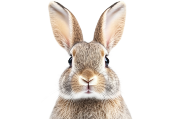 Close-up of brown rabbit facing forward against white background, cut out