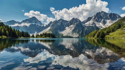 Crystal clean Alpine lake with mountains, reflection, majestic view