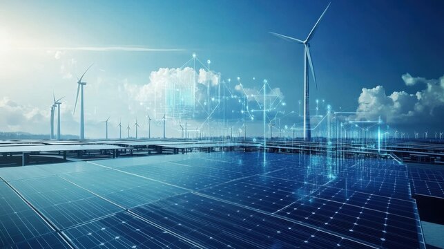 An AI enhanced renewable energy grid, smart sensors optimizing electricity flow from solar panels and wind turbines, Energy tech style