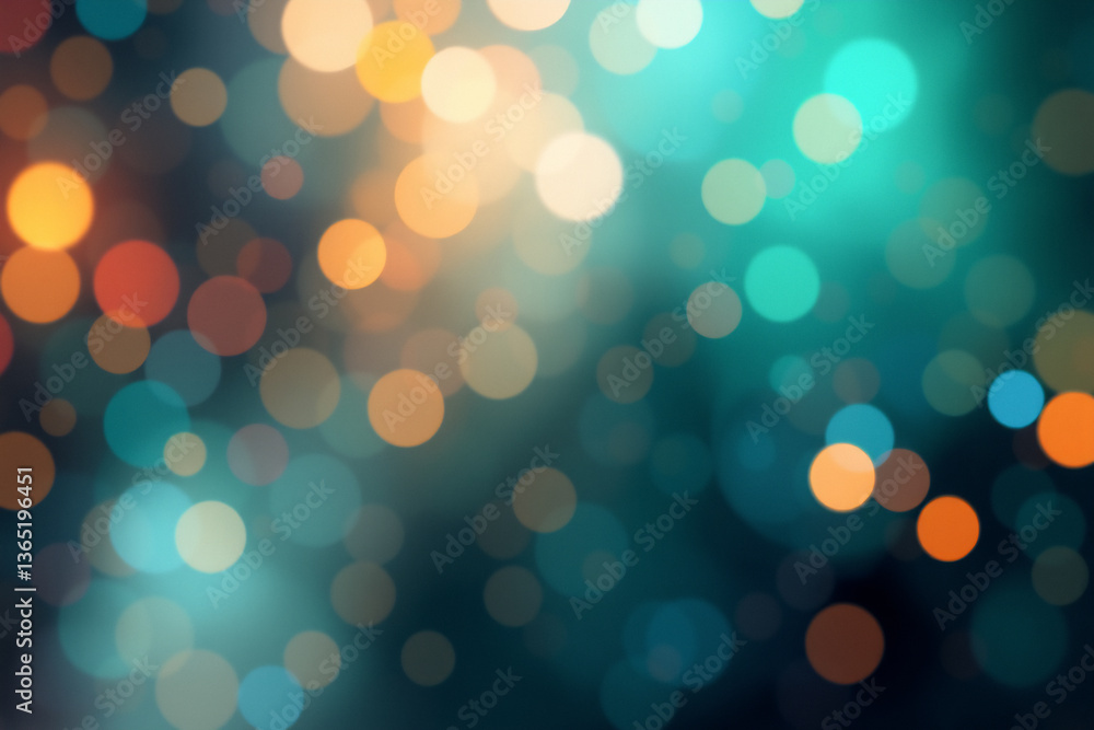 Poster Abstract bokeh image with soft, blurred circles of teal and orange lights creating a dreamy and magical atmosphere. The background is vibrant and glowing.