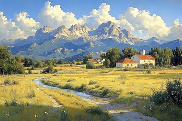  A serene valley surrounded by towering peaks, with a river winding through and golden sunlight filtering through the clouds. 