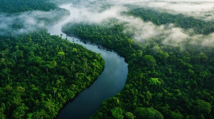 Aerial View of Amazon Rainforest River with Mist