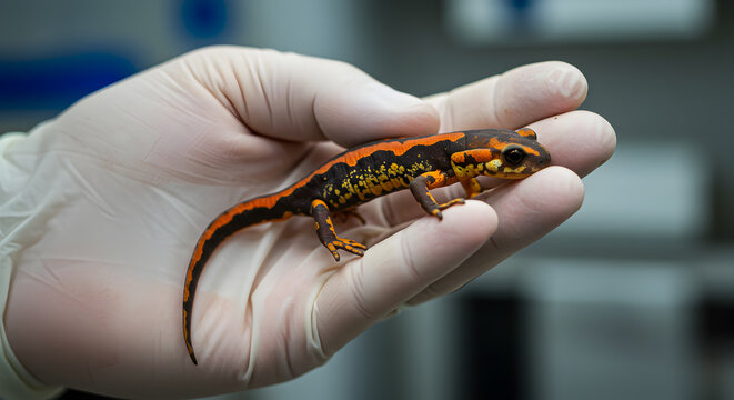 Firebelly newt held in gloved hand during scientific research study process