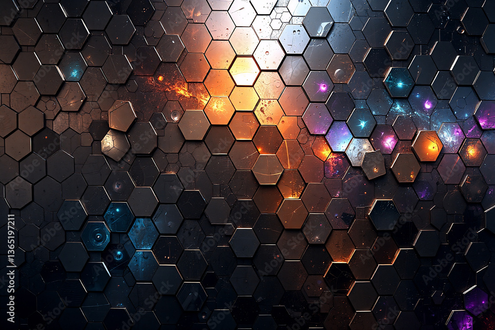 Poster Dark metallic hexagonal tiles glow with orange, purple, and blue lights, creating a textured, futuristic, and abstract cosmic background with depth.