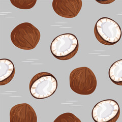 Seamless coconut pattern on isolated background. Whole and halves with coconut pulp Vector summer background for beverage packaging, cover, textile.