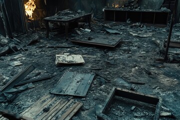 Interior of a burned-out building. Charred furniture, debris and ashes litter the floor, with remnants of a fire still smoldering in the background
