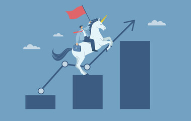 Unicorn startup symbol, Businessman riding unicorn jumping high with business arrow growing, Business startup concept, Symbol of success, Flat vector design illustration. © wenich