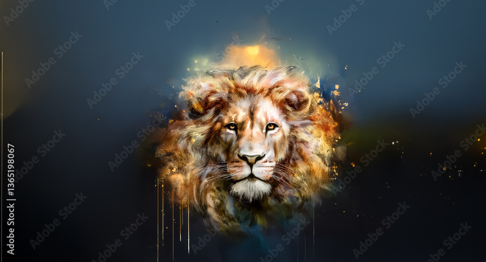 Poster a vibrant, artistic depiction of a lion's head with a flowing mane in warm hues, contrasted against 