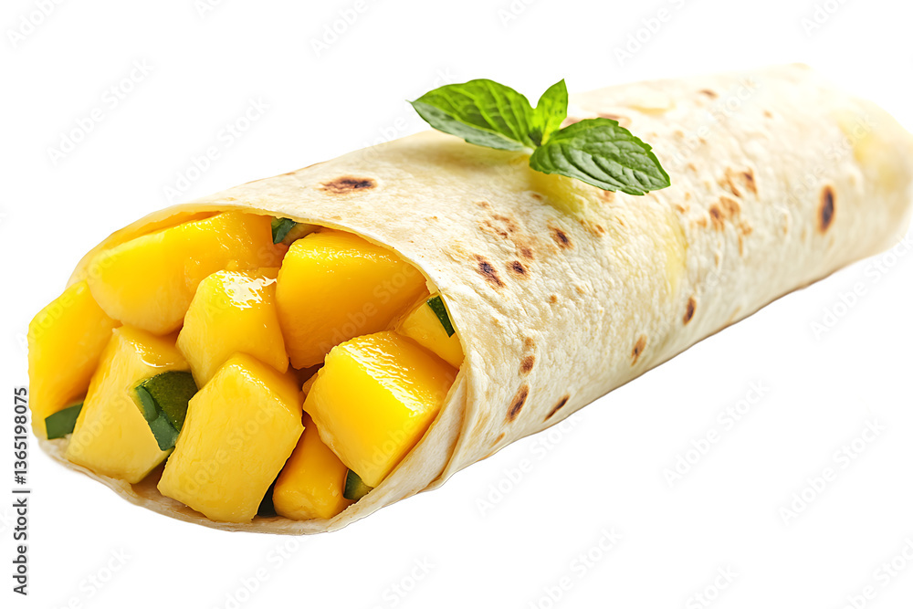 Poster a mango wrap filled with fresh mango chunks and garnished with a sprig of mint on a plain background