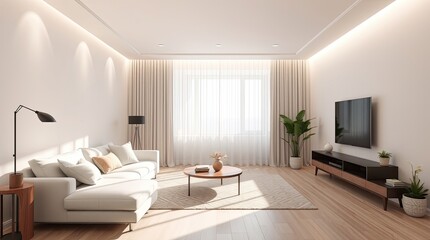 Bright modern living room showcasing minimalist design and natural light