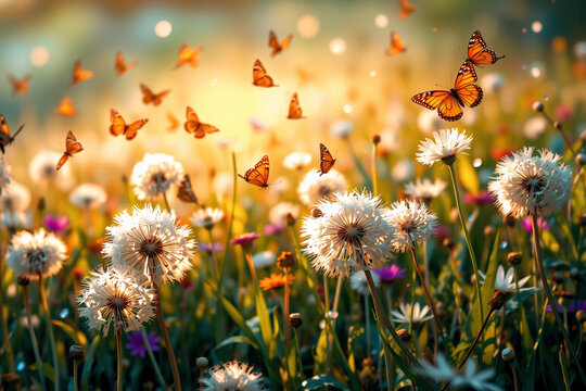 Fototapeta Golden sunlight illuminates a field of fluffy dandelions as orange butterflies flutter and dance among wildflowers in a dreamy spring meadow.