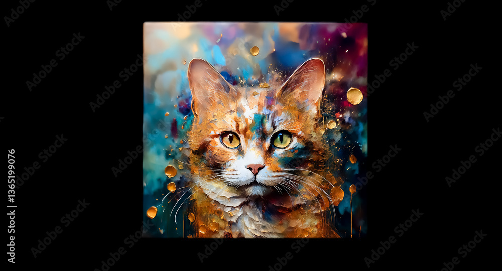 Poster A vibrant portrait of a cat with expressive eyes, painted in a colorful and abstract style with splashes and bokeh effects against a dark backdrop.