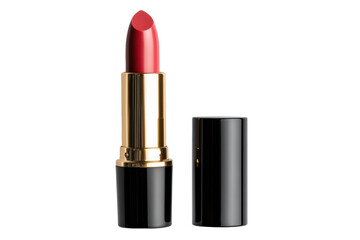 Fototapeta premium Luxury red lipstick with black and gold tube on white background, cut out